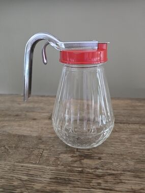 Vintage Clear Glass Pouring Dispenser with Red Lid and Stainless Spout